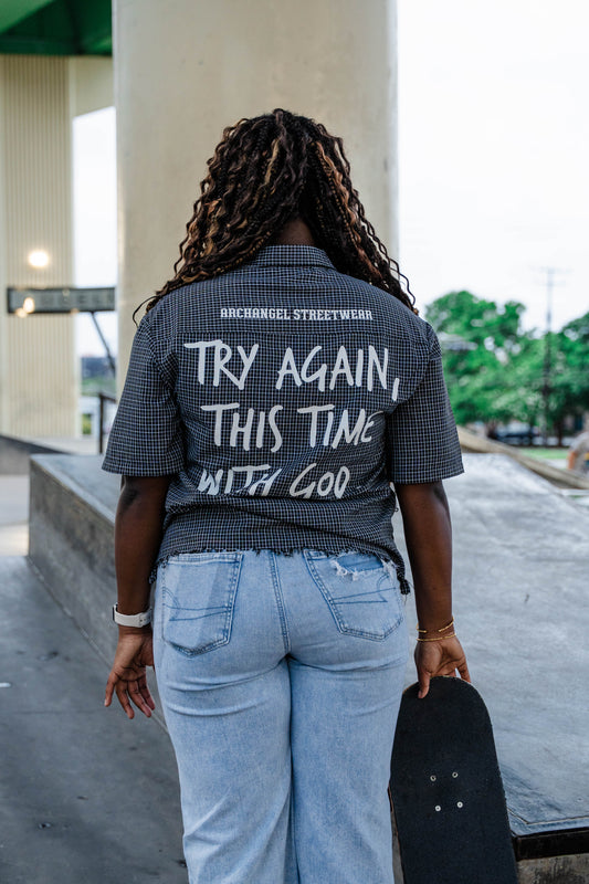 Unisex Distressed Plaid Boxy Shirt